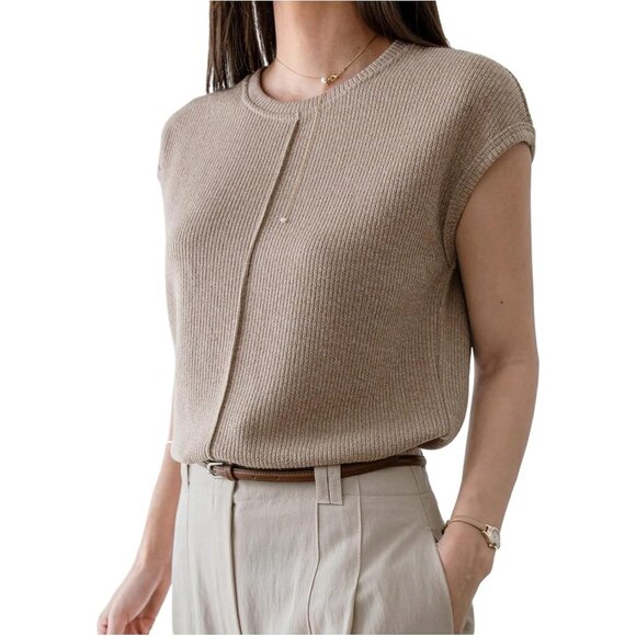 Sweaters - Women's Sweater Knit Casual Pullover Short Sleeve Crew Neck Light Brown